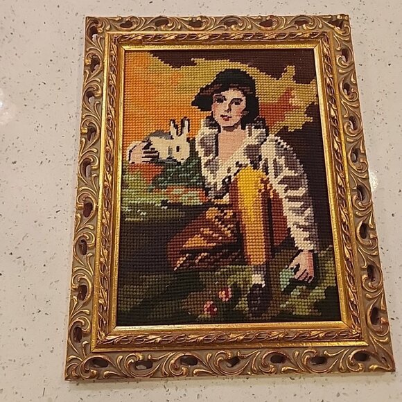 Vintage Framed Needlepoint Sir Henry Raeburn Boy & Rabbit Ornate Gold Frame - Picture 1 of 5